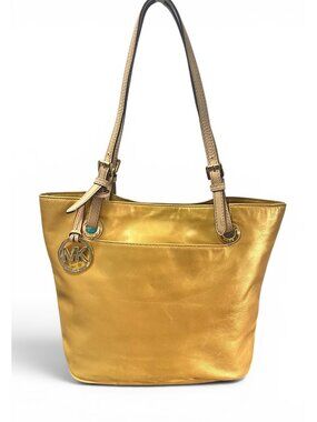 Michael Kors Metallic Gold Tote Shoulder Bag With Adjustable Straps & MK Charm